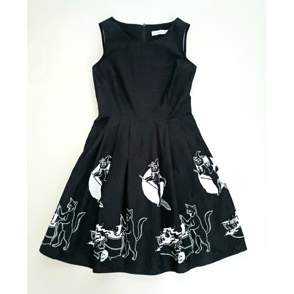 Black Friday Halloween Fit N Flare Dress Cat Witches Blk Cotton Sz 8 S/M